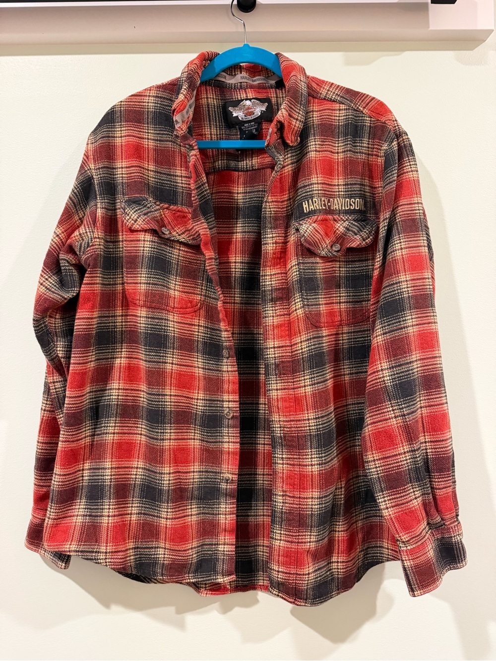 Harley-Davidson Red Black and Cream Plaid Button-Up Shirt